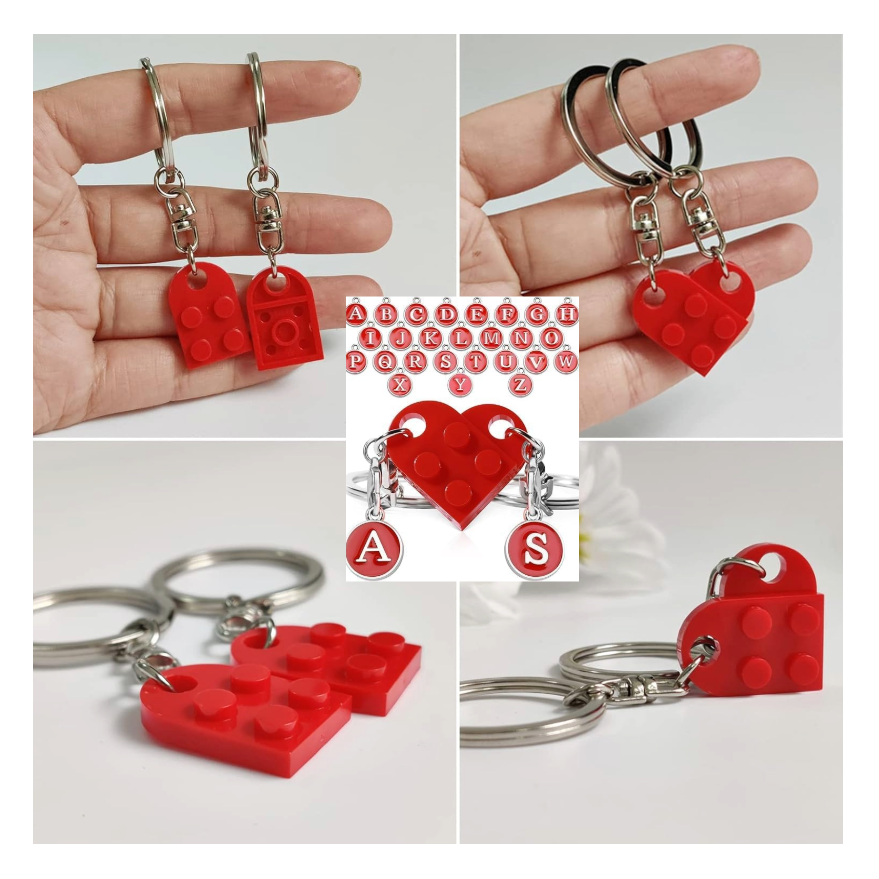 Personalised Initial Matching Heart Brick Keychain Set – Customisable Couples Gift with Interlocking Keyrings (A–Z Letters)