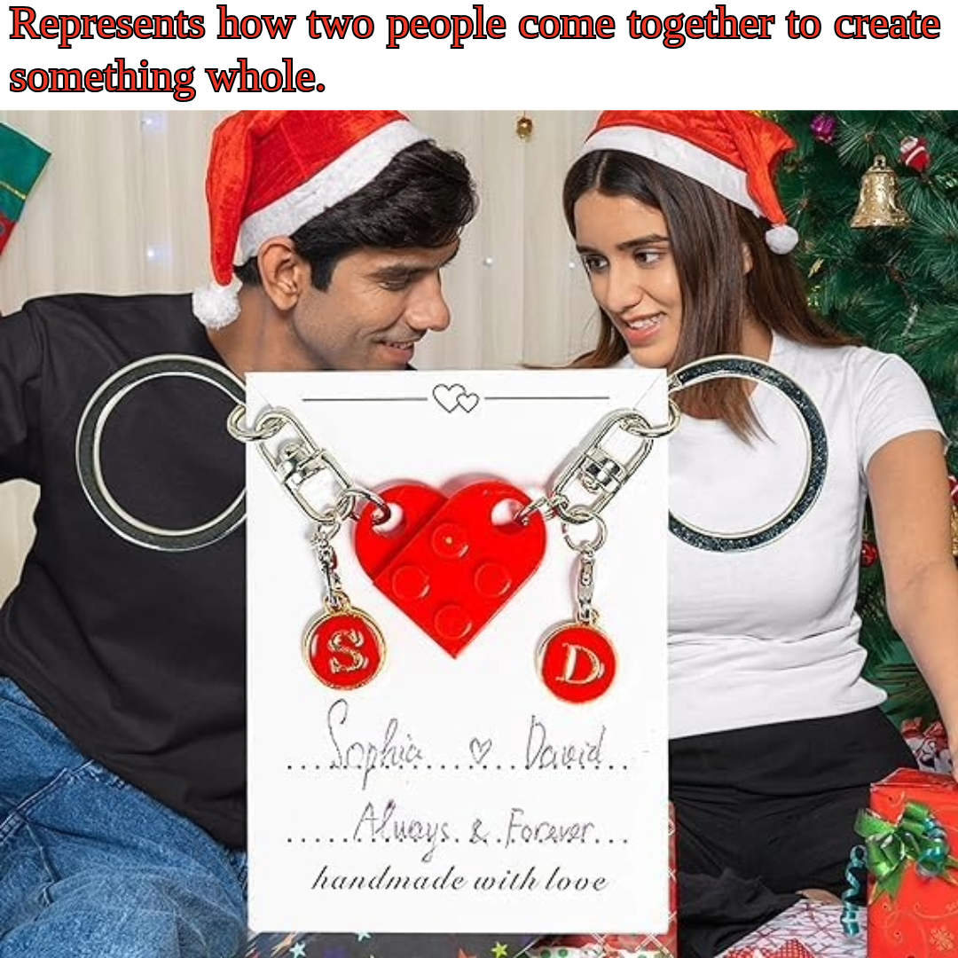 Personalised Initial Matching Heart Brick Keychain Set – Customisable Couples Gift with Interlocking Keyrings (A–Z Letters)