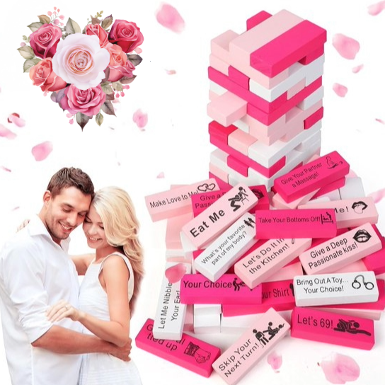 The Romantic Block Tower Game for Couples – Adult Jenga Style Date Night Game with 54 Challenges (Pink) with explicit text next to a couple embracing