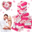The Romantic Block Tower Game for Couples – Adult Jenga Style Date Night Game with 54 Challenges (Pink) with explicit text next to a couple embracing