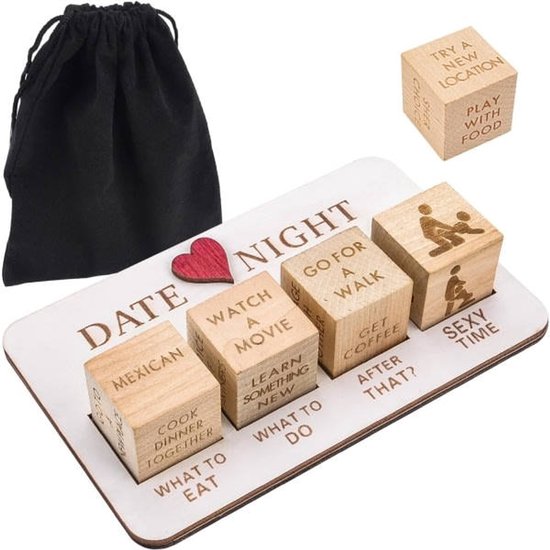 Romantic Date Night Dice Game Set – Couples Decision Dice with Wooden Board & Storage Bag