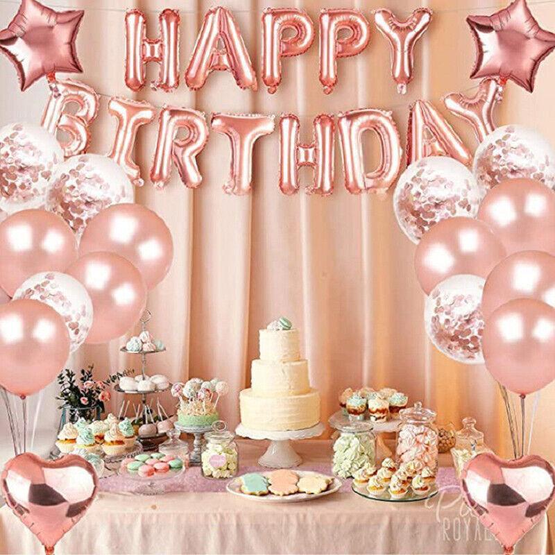 The Rose Gold Birthday Decorations Set – Balloon Garland, Confetti Balloons, Foil Curtain & Happy Birthday Banner Kit for Elegant Party Styling