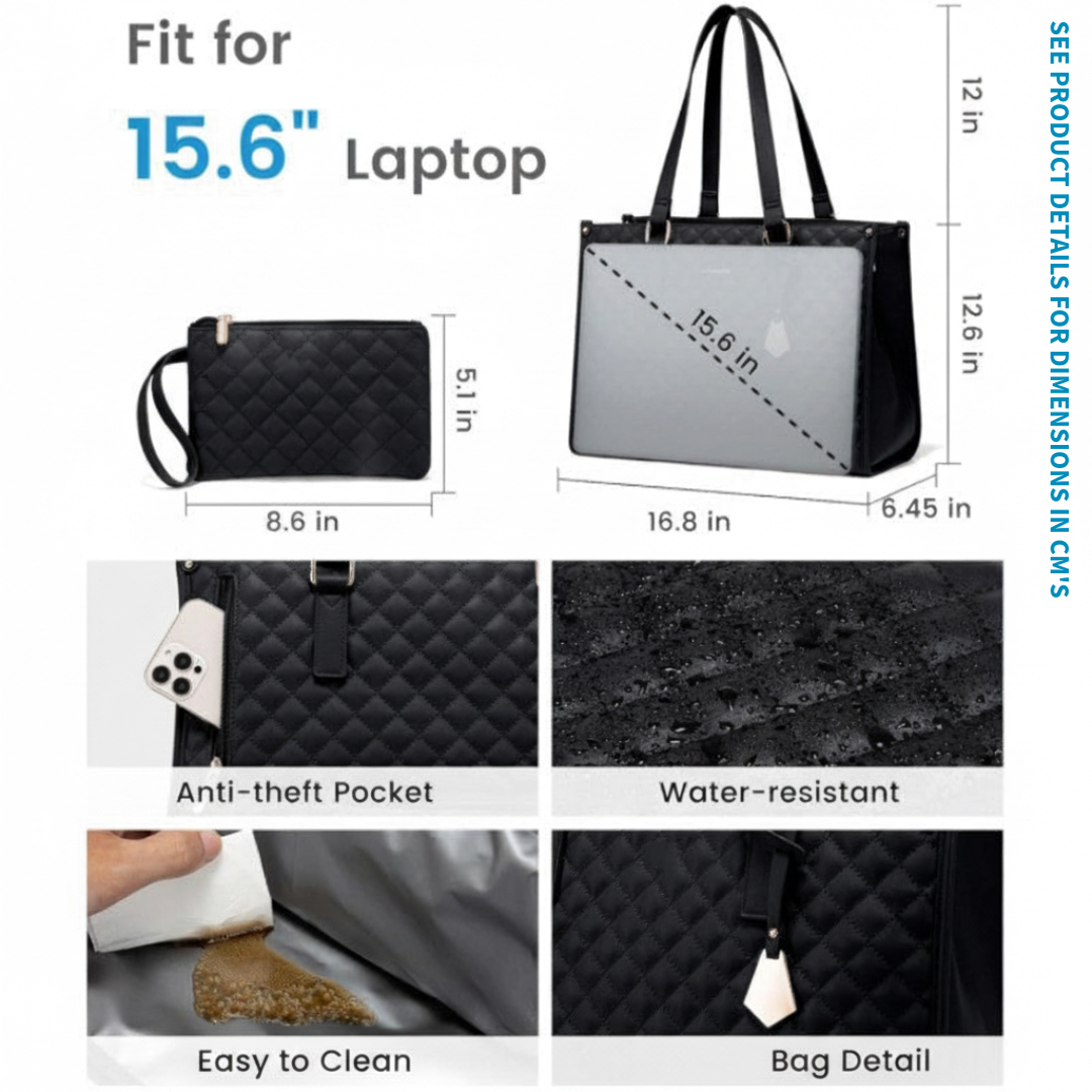 Quilted Laptop & Lunch Tote Bag with Insulated Compartment & Clutch – Fits 15.6" Laptop, Water-Resistant Work & Travel Bag (Moss Green)
