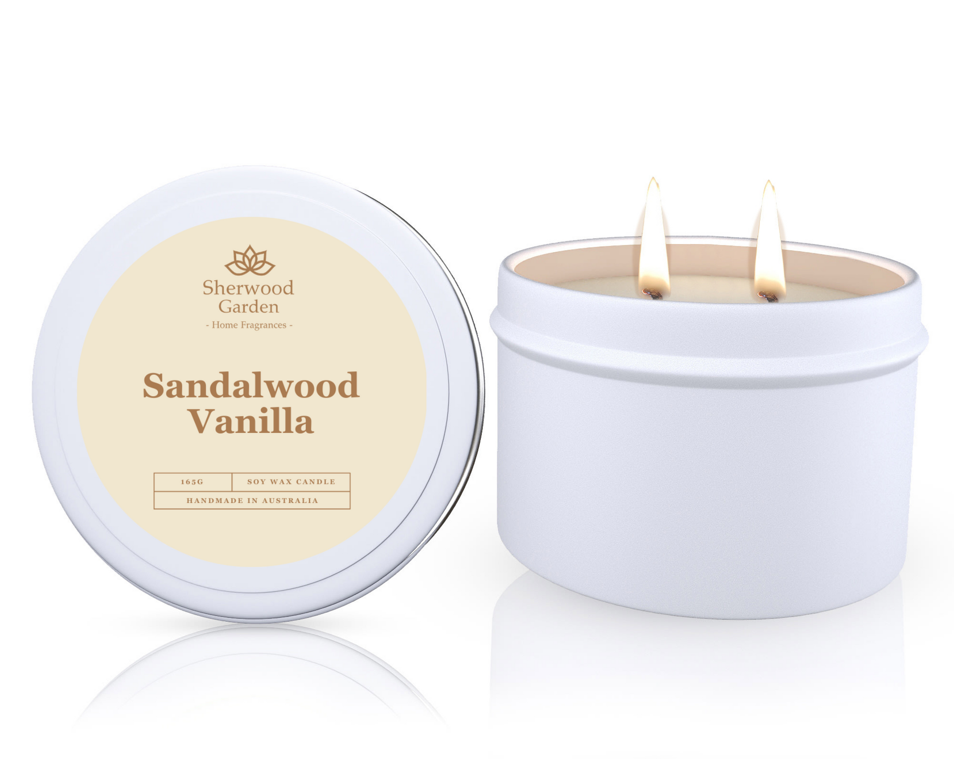The Sandalwood Vanilla Soy Candle Tin 165g, featuring a candle in a white tin labeled 'Sandalwood Vanilla' by Sherwood Garden on a white background