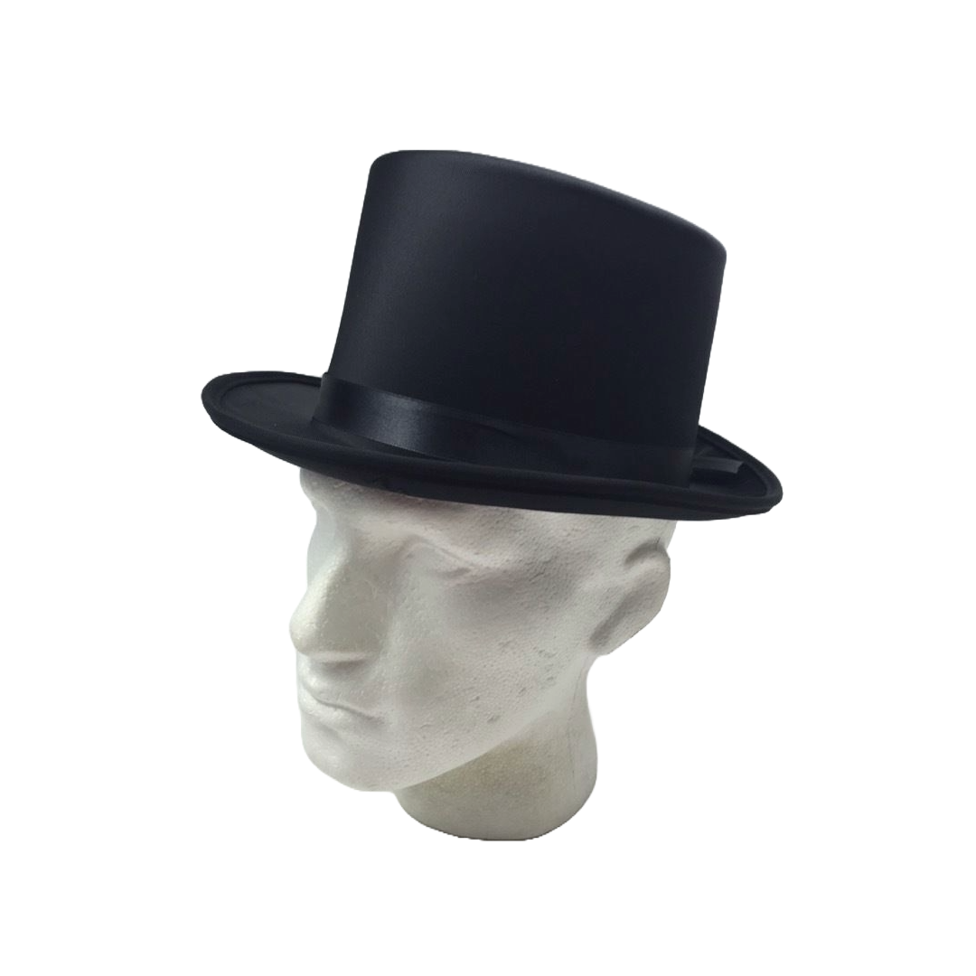 A black satin top hat party costume accessory displayed on a mannequin head.