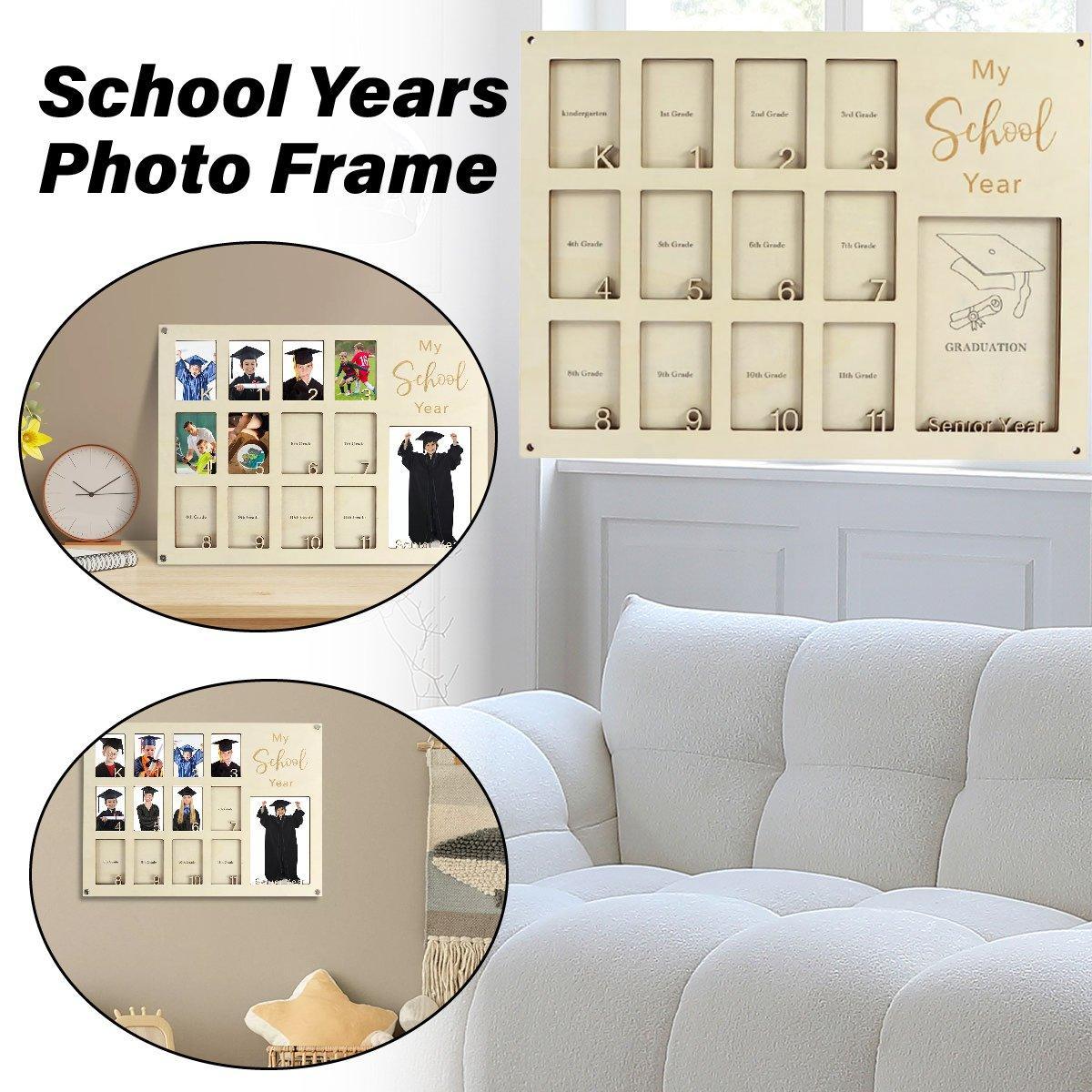 The School Years Photo Frame Collage – Graduation Keepsake Memory Display (Kindergarten to Year 12) shown with multiple photo slots displayed in a family home.