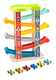 The Sliding Tower Car Run - Large, a wooden and plastic sliding tower car run toy with colourful numbered racing cars arranged at the top, set on a natural wood finish base.