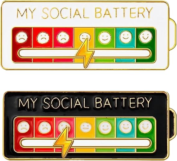 The Social Battery Mood Pin Set 2 Pack – Funny Adjustable Emotion Brooch Badges (Black & White) featuring two with 'My Social Battery' design, one on a white background and one on black.