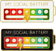 The Social Battery Mood Pin Set 2 Pack – Funny Adjustable Emotion Brooch Badges (Black & White) featuring two with 'My Social Battery' design, one on a white background and one on black.