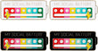 The Social Battery Mood Pin Set 4 Pack – Family Edition Adjustable Emotion Brooch Badges (2 Black & 2 White) featuring four colourful battery-themed pins with 'My Social Battery' text and smiley face indicators.