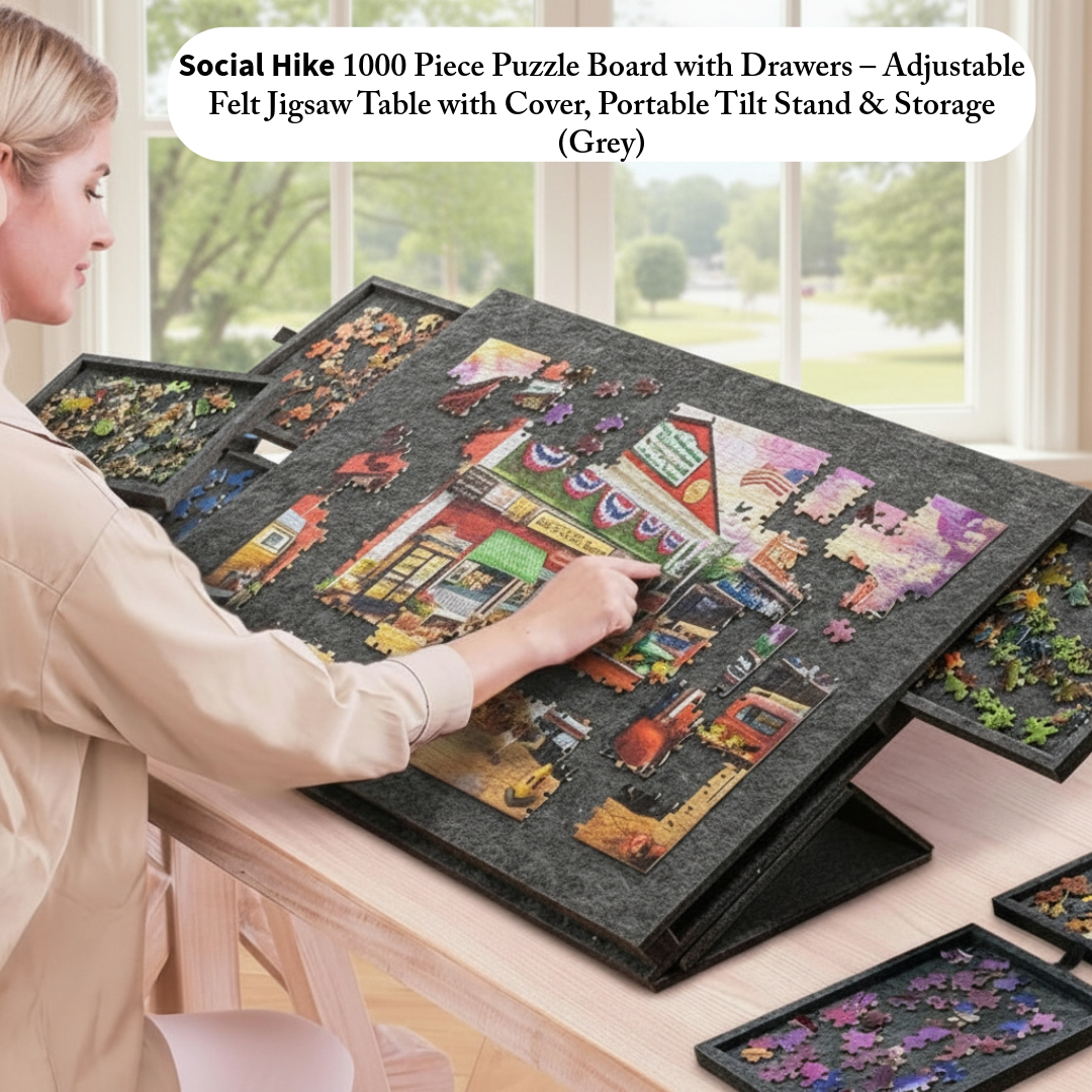 The Social Hike 1000 Piece Puzzle Board with Drawers – Adjustable Felt Jigsaw Table with Cover, Portable Tilt Stand & Storage (Grey)