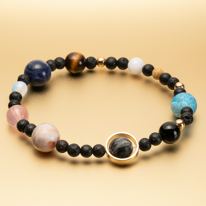 The Solar System Bracelet with Natural Stone Beads – Nine Planets Energy Bracelet for Men & Women, a multicoloured beaded bracelet featuring natural stone beads that represent each planet.