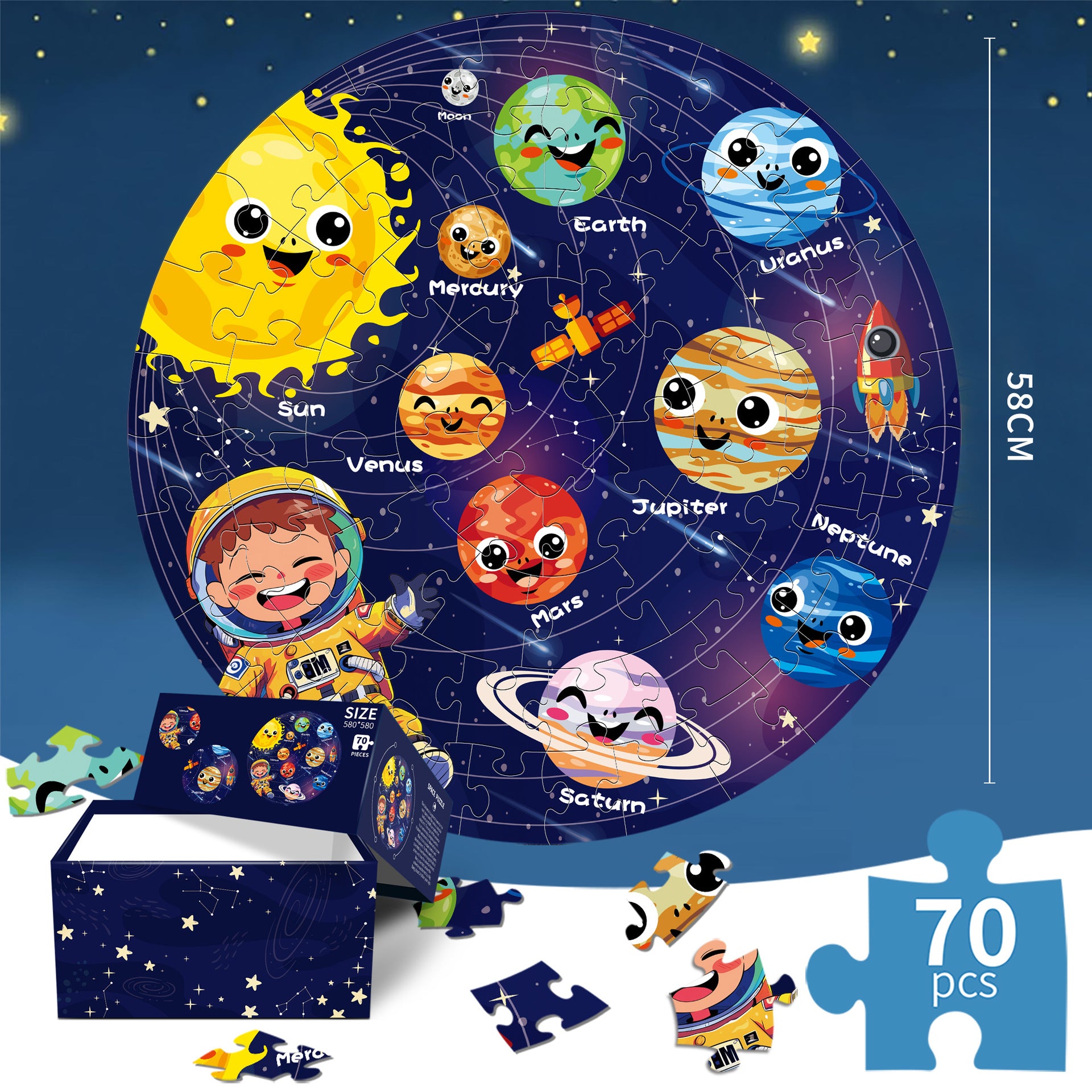 Children's 70 piece round Solar System Jigsaw Puzzle with cartoon planets and astronaut, displayed against a starry night sky.