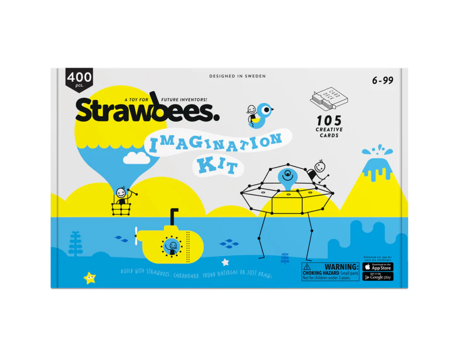 The Strawbees Imagination Kit featuring illustrations of the toy components and indicating the kit is for ages 6-99 and includes 400 pieces.