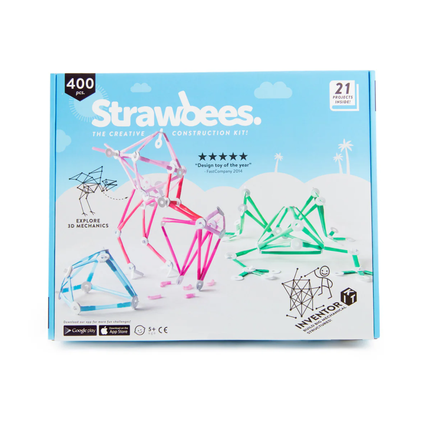 The Strawbees Inventor Kit with illustrations of the construction set in use by a stick-figure child.
