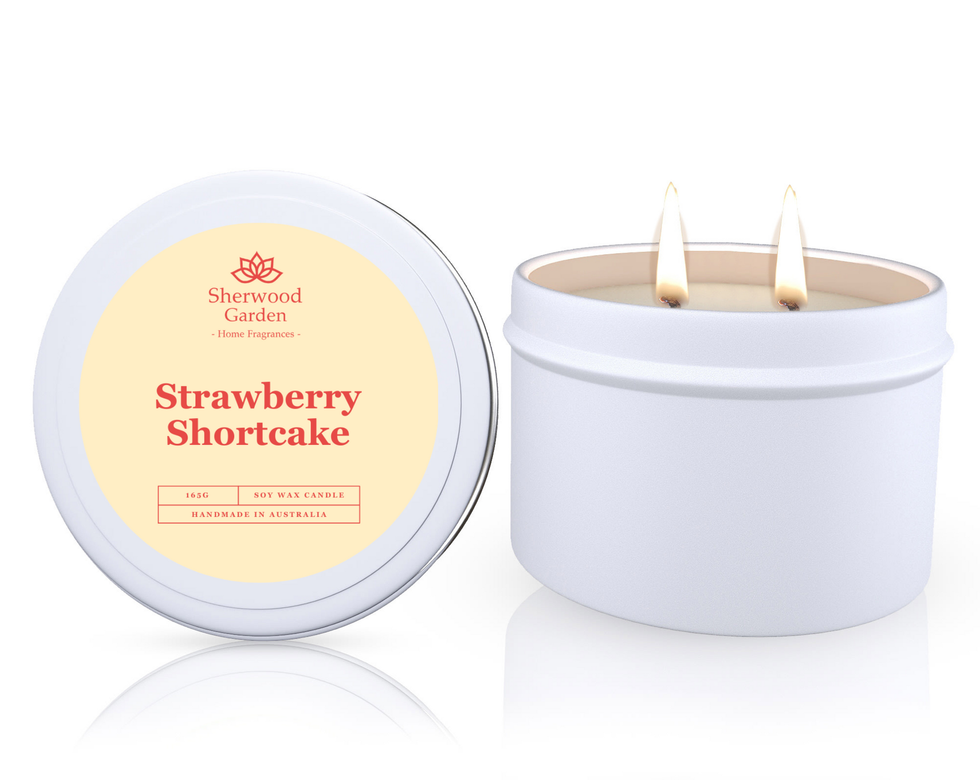 The Strawberry Shortcake Soy Candle Tin 165g, featuring a candle in a white tin labeled 'Strawberry Shortcake' by Sherwood Garden on a white background