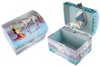 The Sugarplum Unicorn Dome Music Box, a colourful music box featuring an illustrated woman and a unicorn, with a mirrored backdrop, a small handle for winding, and a space to place jewellery inside.