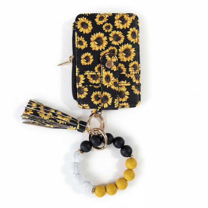 Sunflower Wristlet Keychain Wallet Silicone Beaded Bracelet with Card Holder Tassel Hands-Free Keyring for Women