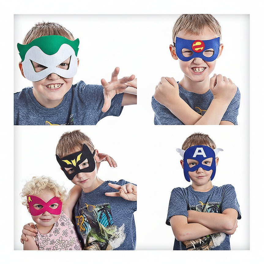 Children wearing five different masks from the Superhero Masks 32 Pack.