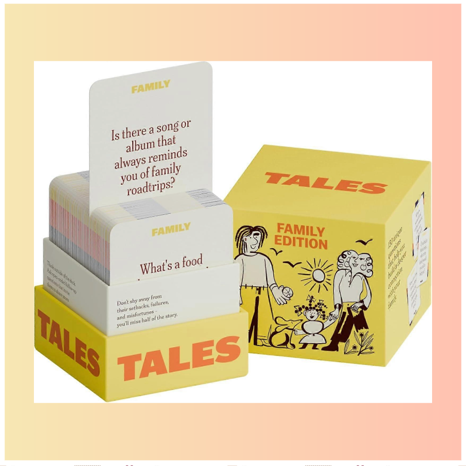 The TALES Family Conversation Card Game – 150 Questions Family Edition for Bonding, featuring the Tales Family Edition card game packaging with cards and question cards displayed.
