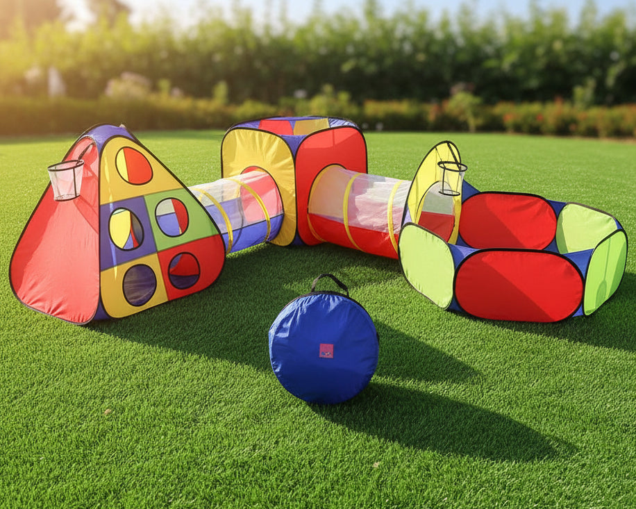 Keezi Kids 4-in-1 Play Tent Set – Teepee, Cube Playhouse, Crawl Tunnel & Ball Pit with Basketball Hoop (Multi-Colour)