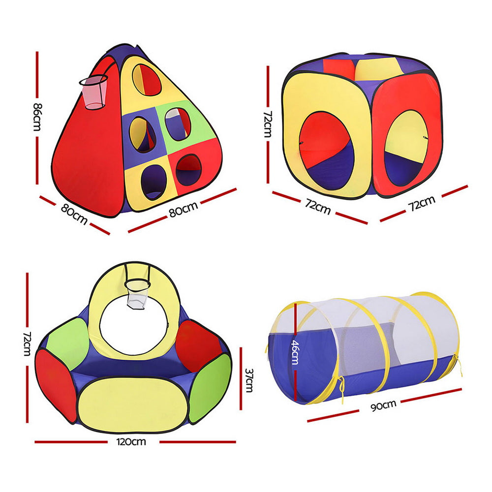 Keezi Kids 4-in-1 Play Tent Set – Teepee, Cube Playhouse, Crawl Tunnel & Ball Pit with Basketball Hoop (Multi-Colour)