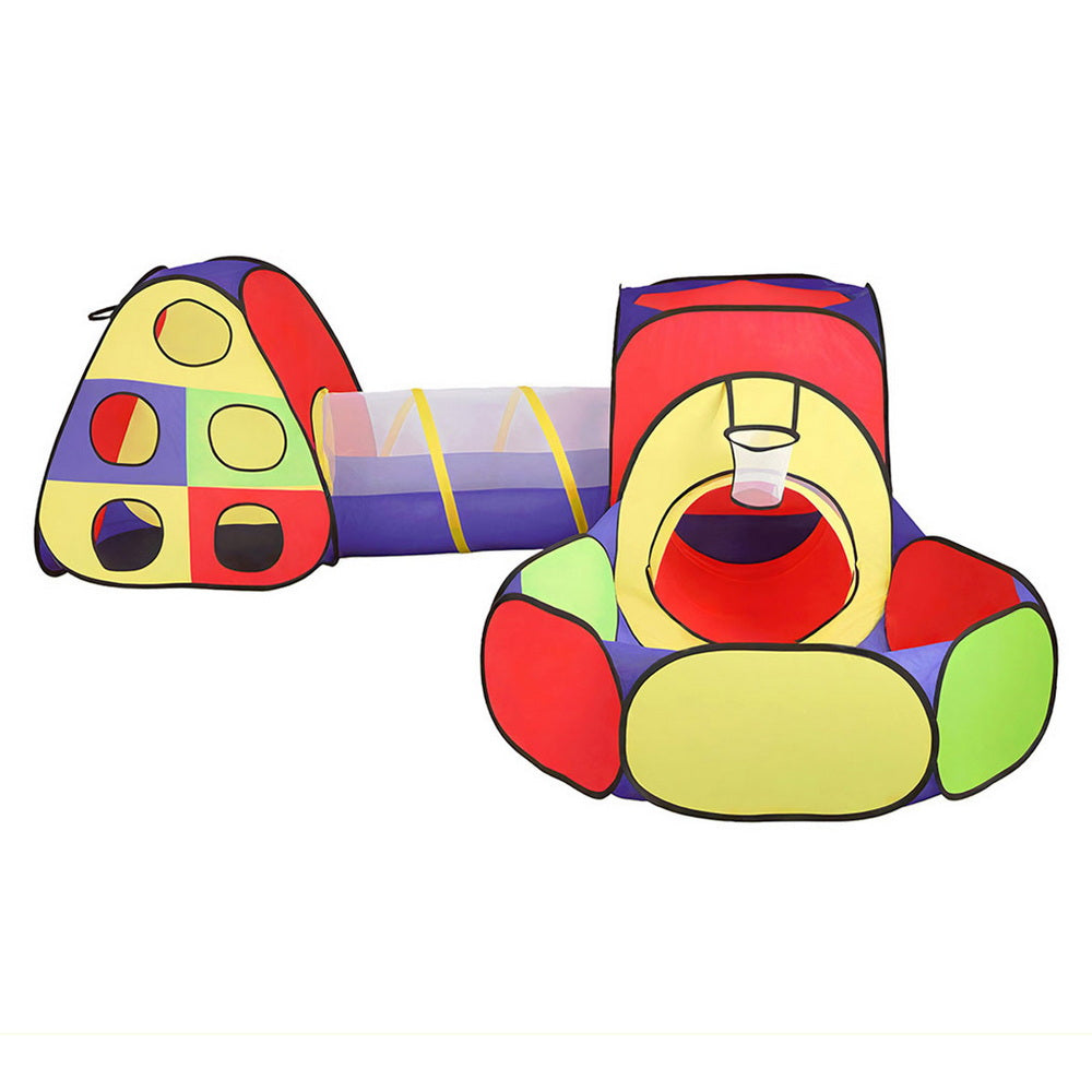 Keezi Kids 4-in-1 Play Tent Set – Teepee, Cube Playhouse, Crawl Tunnel & Ball Pit with Basketball Hoop (Multi-Colour)