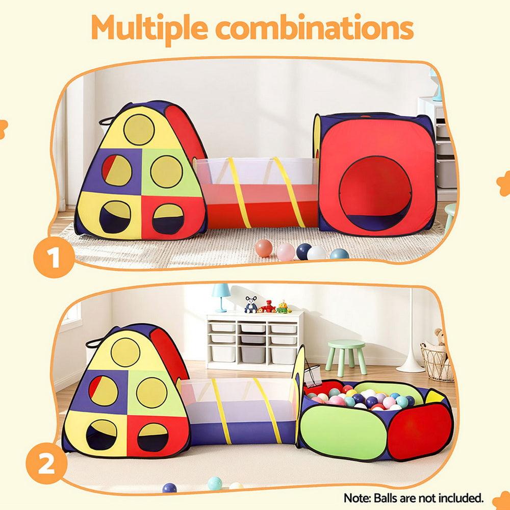 Keezi Kids 4-in-1 Play Tent Set – Teepee, Cube Playhouse, Crawl Tunnel & Ball Pit with Basketball Hoop (Multi-Colour)