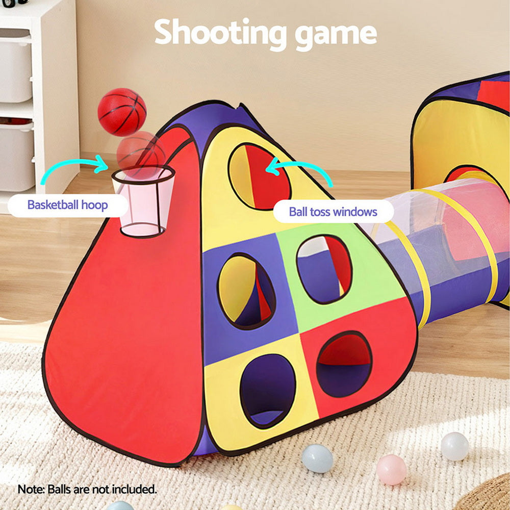 Keezi Kids 4-in-1 Play Tent Set – Teepee, Cube Playhouse, Crawl Tunnel & Ball Pit with Basketball Hoop (Multi-Colour)