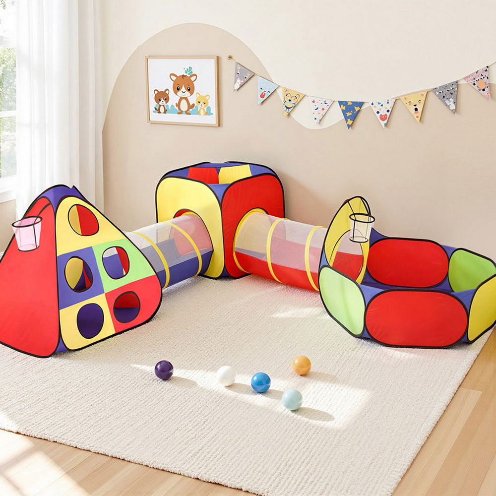 Keezi Kids 4-in-1 Play Tent Set – Teepee, Cube Playhouse, Crawl Tunnel & Ball Pit with Basketball Hoop (Multi-Colour)