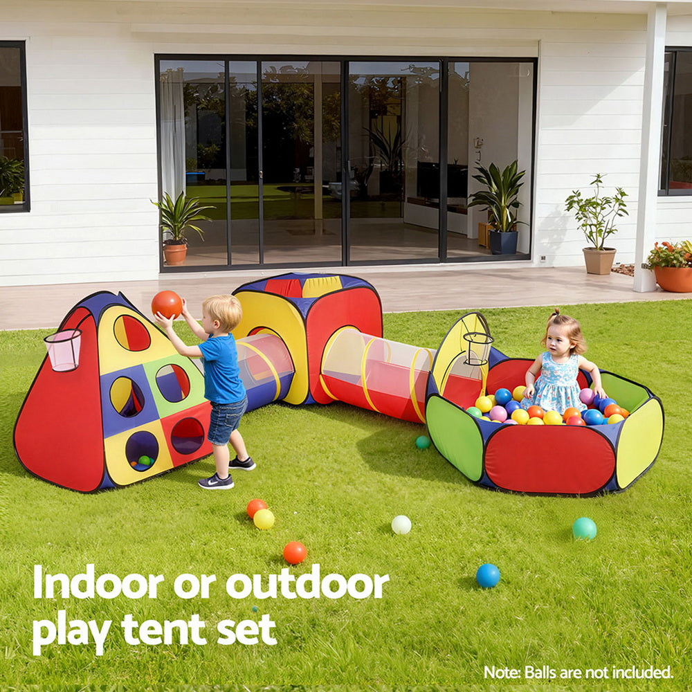 Keezi Kids 4-in-1 Play Tent Set – Teepee, Cube Playhouse, Crawl Tunnel & Ball Pit with Basketball Hoop (Multi-Colour)