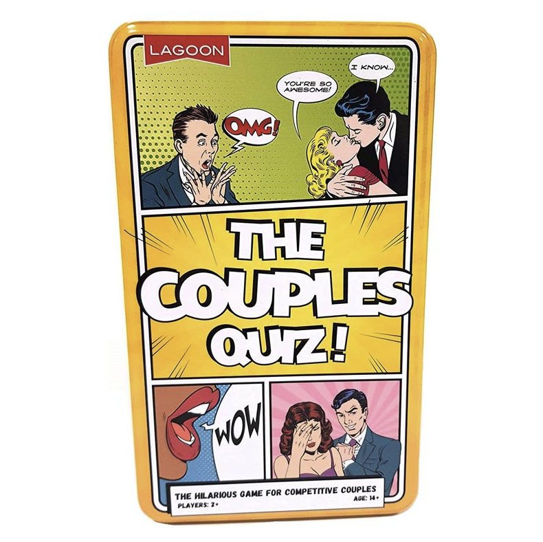 The Couples Quiz Game Tin featuring cartoon-style illustrations of a man and woman interacting with a quiz question, and the text 'THE COUPLES QUIZ!' displayed on the front.