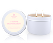 Toasted Marshmallow Soy Candle Tin 165g, featuring a candle in a white tin labeled 'Toasted Marshmallow' by Sherwood Garden on a white background