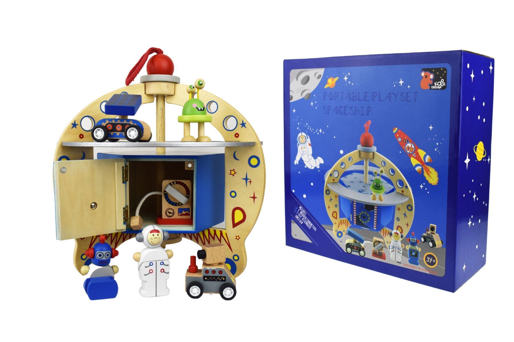The UFO Spaceship Flying Saucer Play Set, including a space shuttle-like vehicle, astronaut, robot, and alien figures, two rovers, and a control panel, packaged in a colourful blue box.