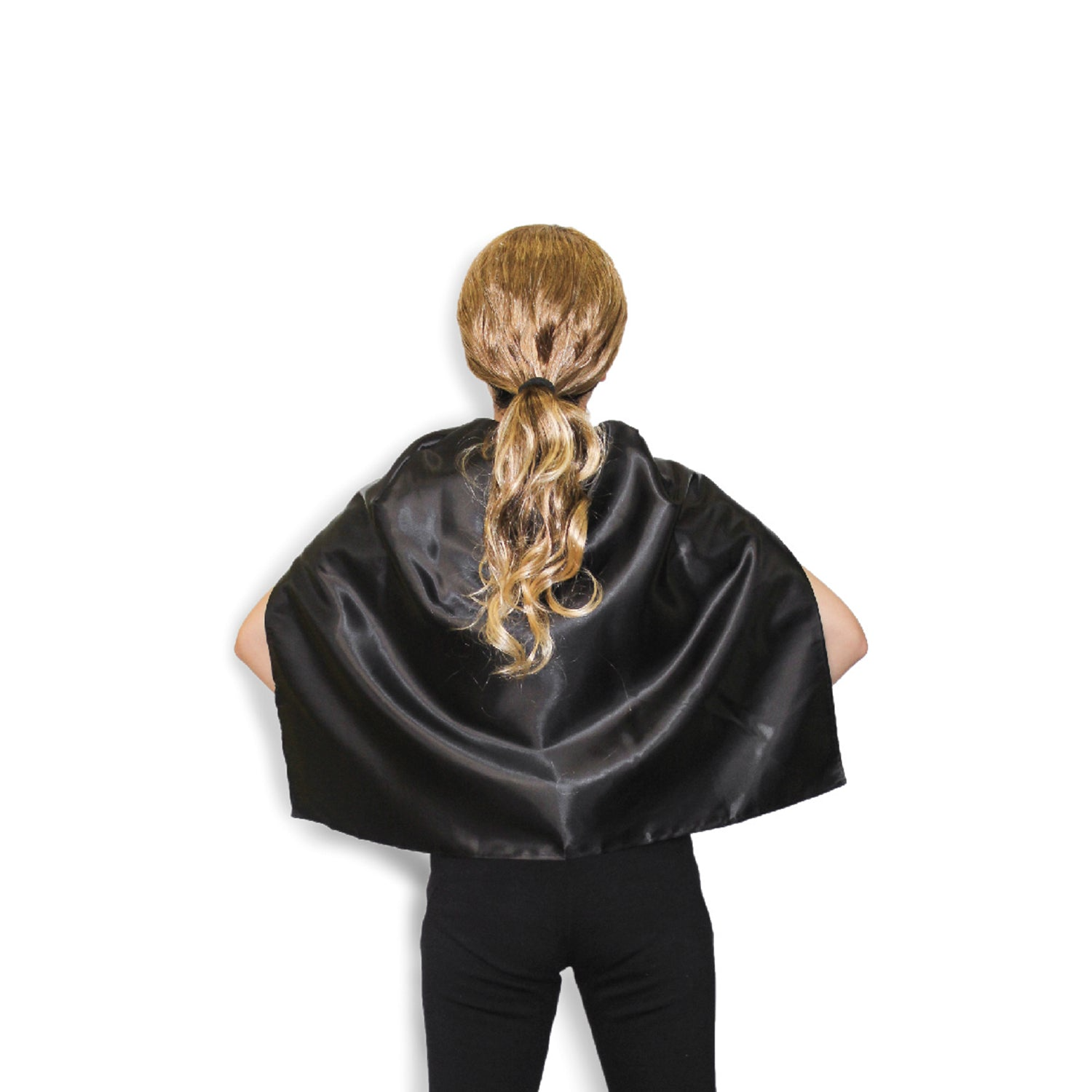A younger child wearing the Ultimate Black Adventure Cape Kids Party Costume – Short size