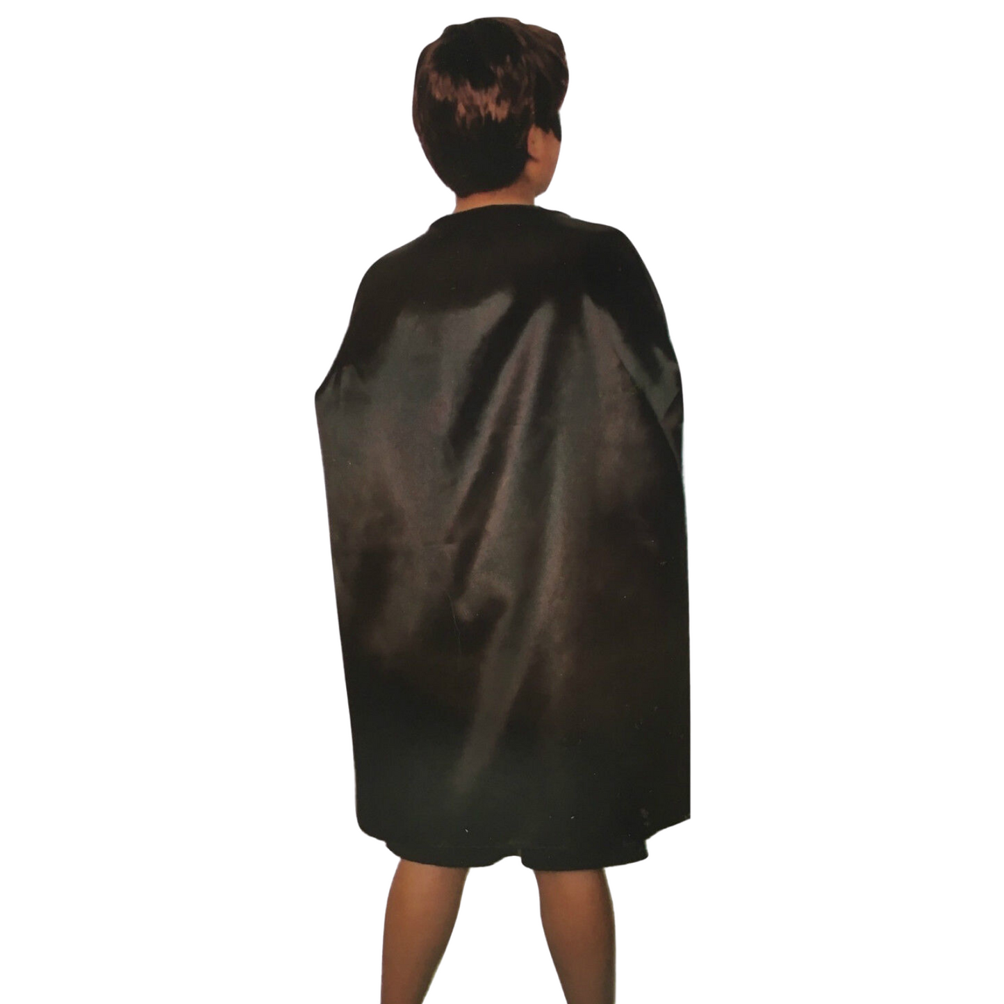 A child wearing the Ultimate Black Adventure Cape Kids Party Costume in Medium size