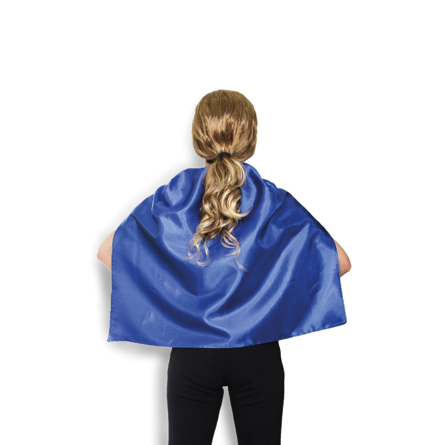 A younger child wearing the Ultimate Blue Adventure Cape Kids Party Costume – Short size