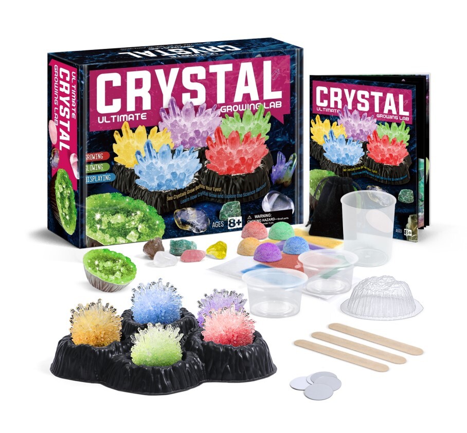The Ultimate Crystal Growing Lab with various coloured crystals and a mirrored display stand, packaged in a box with the product name and images of the included crystals.