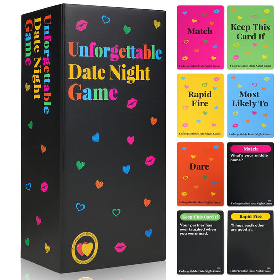 Unforgettable Date Night Game box with colorful cards displayed on a white background