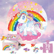 Round 70 piece Unicorn Jigsaw Puzzle featuring a rainbow with packaging on a colourful background