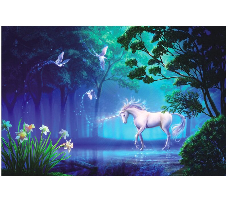 Unicorn's Grace by the Crystal Lake miniature jigsaw puzzle set in a mystical forest with glowing flowers and fairies
