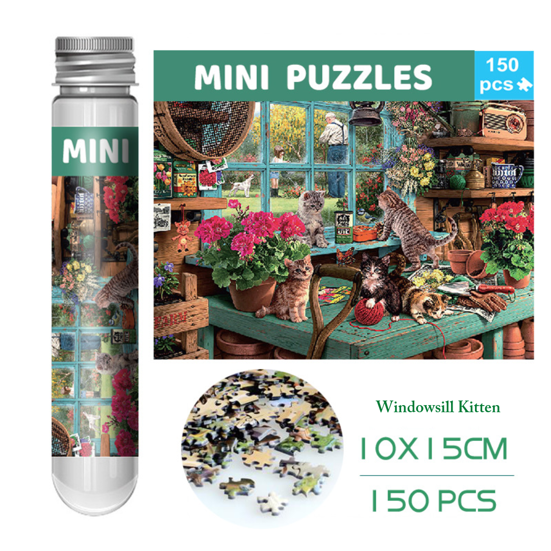 150-Piece Mini Jigsaw Puzzle in Reusable Tube – Compact Travel Puzzle with Postcard Back Design for Creative Play (Windowsill Kitten)
