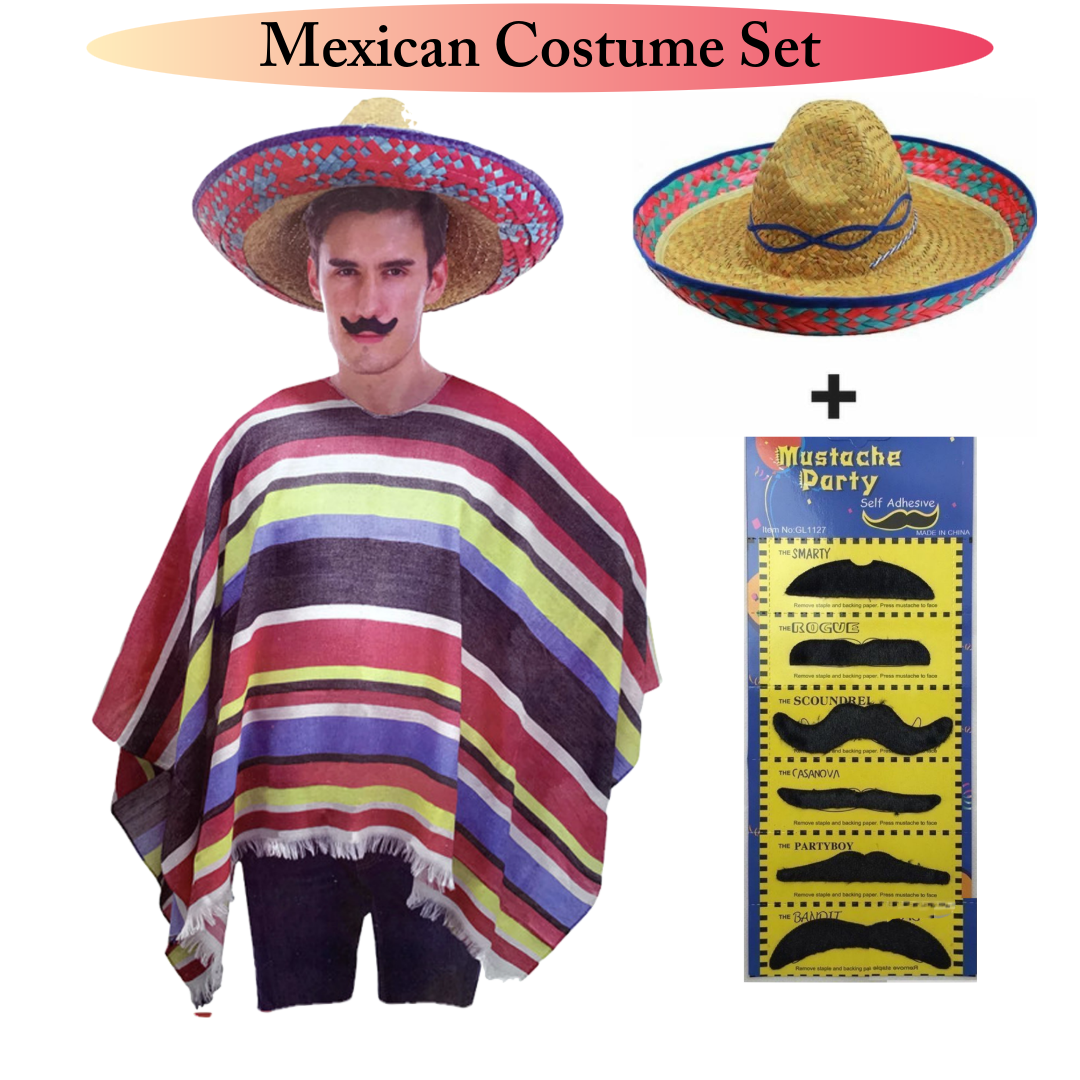 Mexican Fiesta Costume Set – Red Stripe Poncho, Sombrero & Moustache Kit