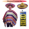 Mexican Fiesta Costume Set – Red Stripe Poncho, Sombrero & Moustache Kit