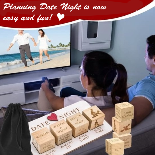 Romantic Date Night Dice Game Set – Couples Decision Dice with Wooden Board & Storage Bag