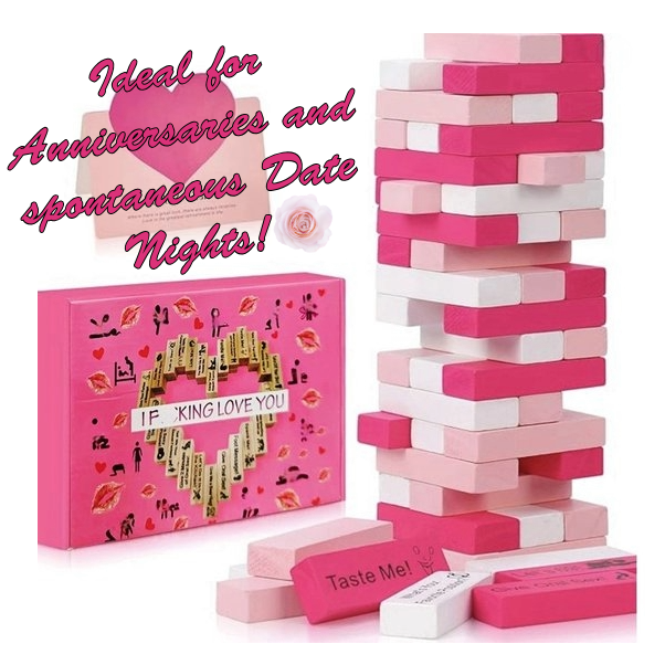 Romantic Block Tower Game for Couples – Adult Jenga Style Date Night Game with 54 Challenges (Pink)