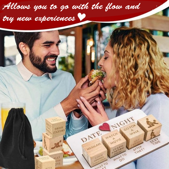 Romantic Date Night Dice Game Set – Couples Decision Dice with Wooden Board & Storage Bag