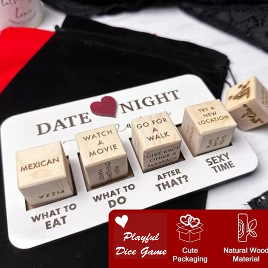 Romantic Date Night Dice Game Set – Couples Decision Dice with Wooden Board & Storage Bag