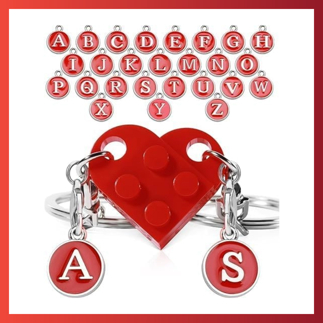Personalised Initial Matching Heart Brick Keychain Set – Customisable Couples Gift with Interlocking Keyrings (A–Z Letters)
