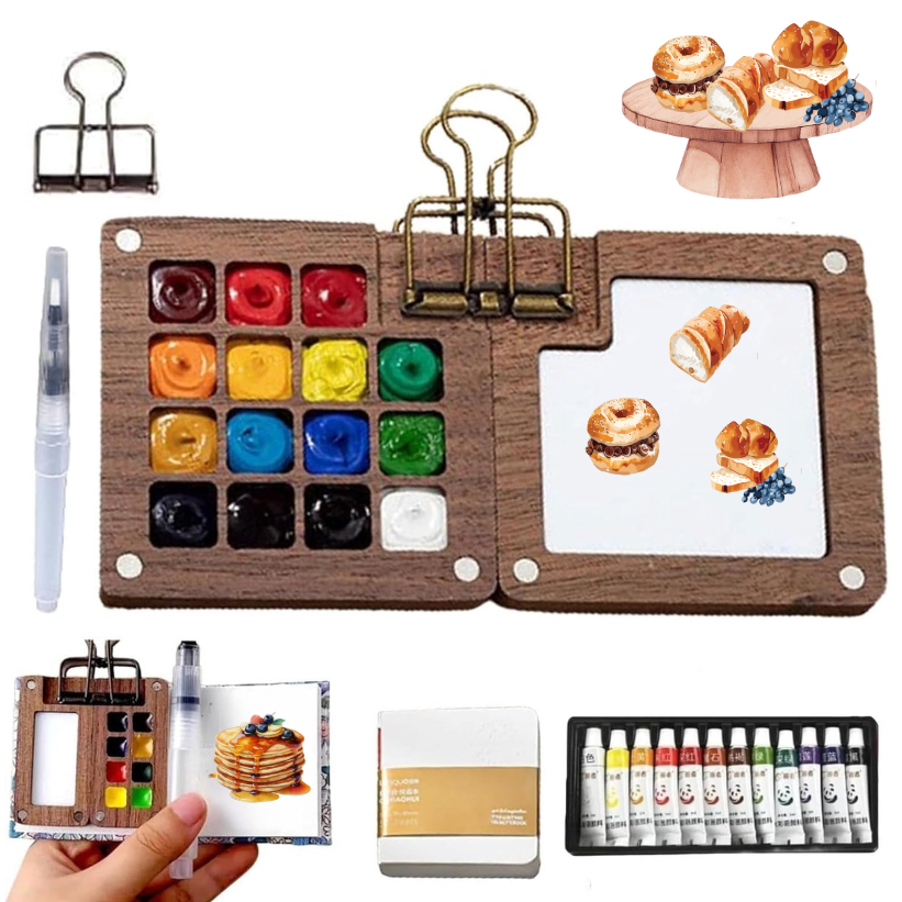 Mini Watercolour Paint Set 15 Grid – Portable Pocket Travel Palette with Sketchbook & Brush